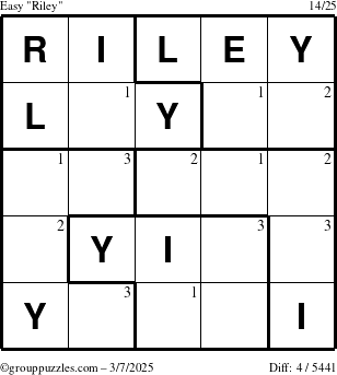 The grouppuzzles.com Easy Riley puzzle for Friday March 7, 2025 with the first 3 steps marked