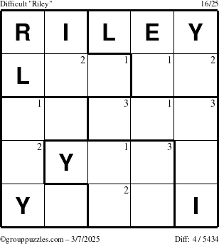 The grouppuzzles.com Difficult Riley puzzle for Friday March 7, 2025 with the first 3 steps marked