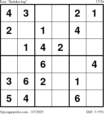 The grouppuzzles.com Easy Sudoku-6up puzzle for Friday March 7, 2025