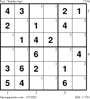 The grouppuzzles.com Easy Sudoku-6up puzzle for Friday March 7, 2025 with all 3 steps marked