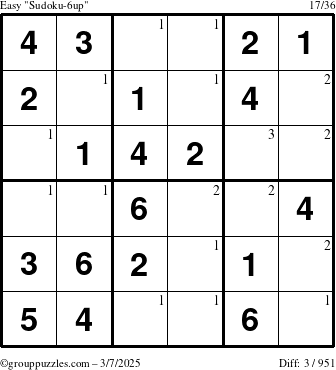 The grouppuzzles.com Easy Sudoku-6up puzzle for Friday March 7, 2025 with the first 3 steps marked