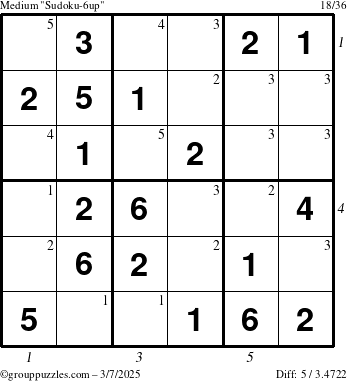 The grouppuzzles.com Medium Sudoku-6up puzzle for Friday March 7, 2025 with all 5 steps marked