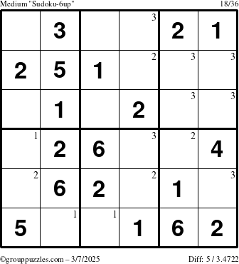 The grouppuzzles.com Medium Sudoku-6up puzzle for Friday March 7, 2025 with the first 3 steps marked