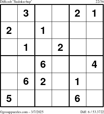 The grouppuzzles.com Difficult Sudoku-6up puzzle for Friday March 7, 2025