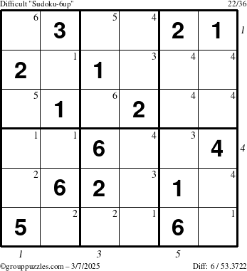 The grouppuzzles.com Difficult Sudoku-6up puzzle for Friday March 7, 2025 with all 6 steps marked