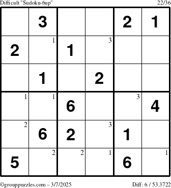 The grouppuzzles.com Difficult Sudoku-6up puzzle for Friday March 7, 2025 with the first 3 steps marked