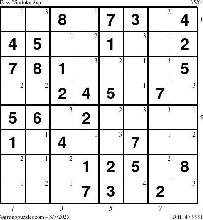 The grouppuzzles.com Easy Sudoku-8up puzzle for Friday March 7, 2025 with all 4 steps marked