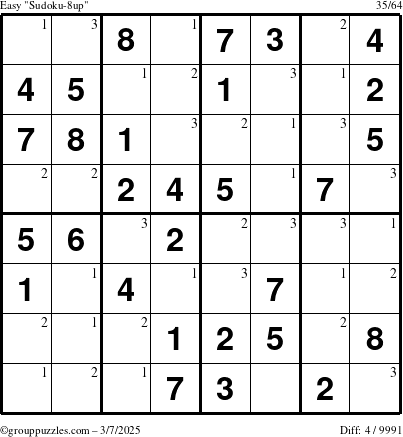 The grouppuzzles.com Easy Sudoku-8up puzzle for Friday March 7, 2025 with the first 3 steps marked