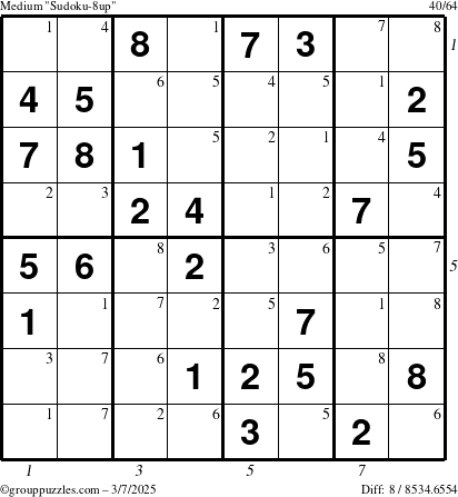 The grouppuzzles.com Medium Sudoku-8up puzzle for Friday March 7, 2025 with all 8 steps marked