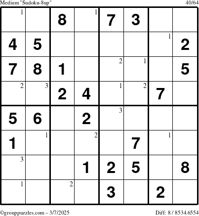 The grouppuzzles.com Medium Sudoku-8up puzzle for Friday March 7, 2025 with the first 3 steps marked