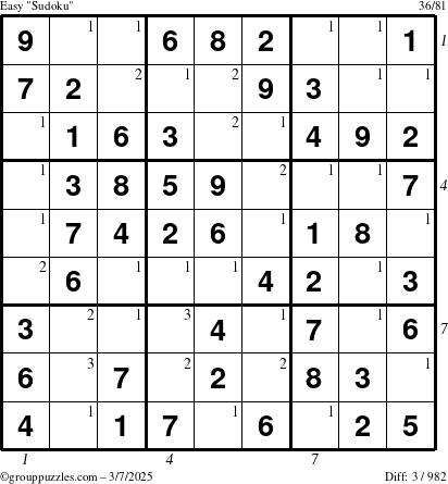 The grouppuzzles.com Easy Sudoku puzzle for Friday March 7, 2025 with all 3 steps marked