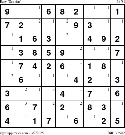 The grouppuzzles.com Easy Sudoku puzzle for Friday March 7, 2025 with the first 3 steps marked