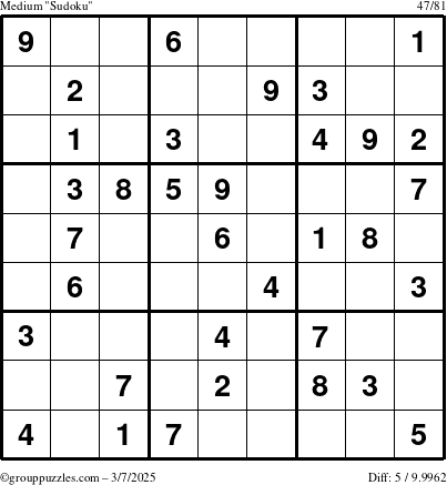 The grouppuzzles.com Medium Sudoku puzzle for Friday March 7, 2025