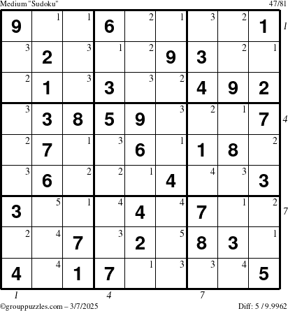 The grouppuzzles.com Medium Sudoku puzzle for Friday March 7, 2025, suitable for printing, with all 5 steps marked