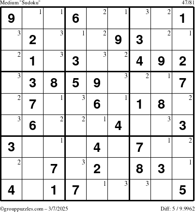 The grouppuzzles.com Medium Sudoku puzzle for Friday March 7, 2025 with the first 3 steps marked