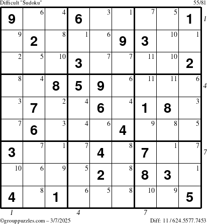 The grouppuzzles.com Difficult Sudoku puzzle for Friday March 7, 2025 with all 11 steps marked