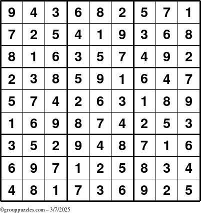 The grouppuzzles.com Answer grid for the Sudoku puzzle for Friday March 7, 2025