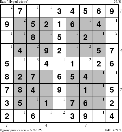 The grouppuzzles.com Easy HyperSudoku puzzle for Friday March 7, 2025 with all 3 steps marked