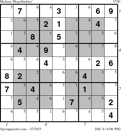 The grouppuzzles.com Medium HyperSudoku puzzle for Friday March 7, 2025, suitable for printing, with all 8 steps marked