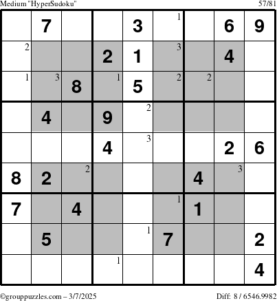 The grouppuzzles.com Medium HyperSudoku puzzle for Friday March 7, 2025 with the first 3 steps marked