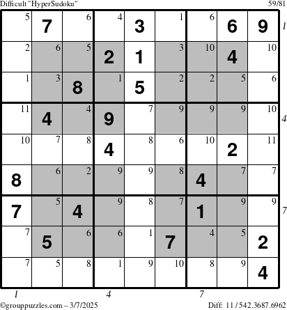 The grouppuzzles.com Difficult HyperSudoku puzzle for Friday March 7, 2025 with all 11 steps marked