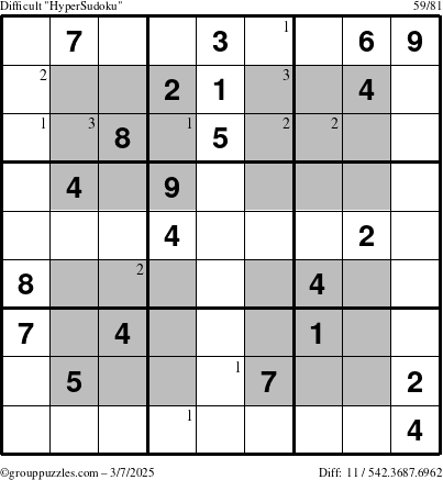 The grouppuzzles.com Difficult HyperSudoku puzzle for Friday March 7, 2025 with the first 3 steps marked