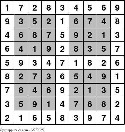 The grouppuzzles.com Answer grid for the HyperSudoku puzzle for Friday March 7, 2025