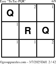 The grouppuzzles.com Easy TicTac-PQR puzzle for Friday March 7, 2025 with the first 2 steps marked