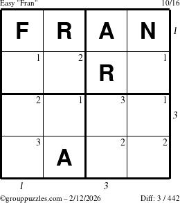 The grouppuzzles.com Easy Fran puzzle for Thursday February 12, 2026 with all 3 steps marked