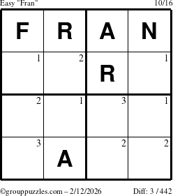 The grouppuzzles.com Easy Fran puzzle for Thursday February 12, 2026 with the first 3 steps marked