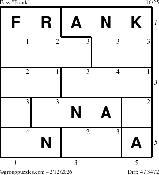 The grouppuzzles.com Easy Frank puzzle for Thursday February 12, 2026, suitable for printing, with all 4 steps marked