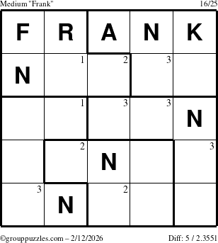 The grouppuzzles.com Medium Frank puzzle for Thursday February 12, 2026 with the first 3 steps marked
