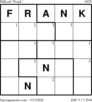 The grouppuzzles.com Difficult Frank puzzle for Thursday February 12, 2026 with the first 3 steps marked