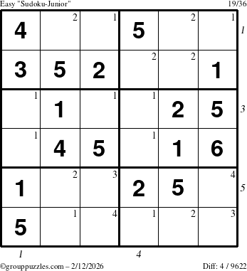 The grouppuzzles.com Easy Sudoku-Junior puzzle for Thursday February 12, 2026, suitable for printing, with all 4 steps marked