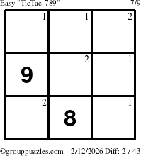 The grouppuzzles.com Easy TicTac-789 puzzle for Thursday February 12, 2026 with the first 2 steps marked