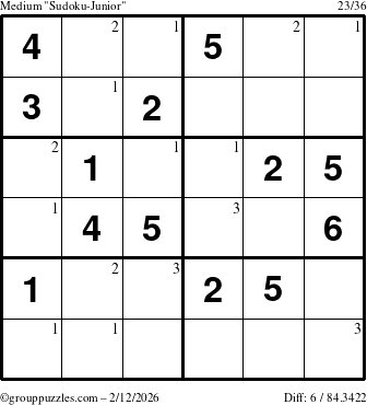 The grouppuzzles.com Medium Sudoku-Junior puzzle for Thursday February 12, 2026 with the first 3 steps marked