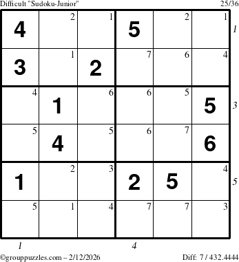 The grouppuzzles.com Difficult Sudoku-Junior puzzle for Thursday February 12, 2026 with all 7 steps marked