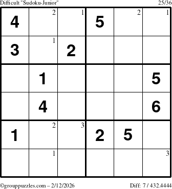 The grouppuzzles.com Difficult Sudoku-Junior puzzle for Thursday February 12, 2026 with the first 3 steps marked