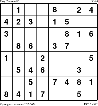 The grouppuzzles.com Easy Sudoku-8 puzzle for Thursday February 12, 2026
