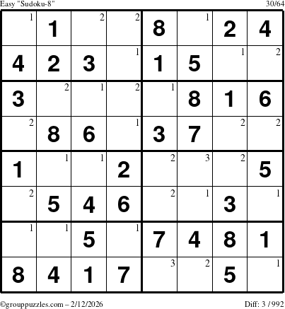 The grouppuzzles.com Easy Sudoku-8 puzzle for Thursday February 12, 2026 with the first 3 steps marked