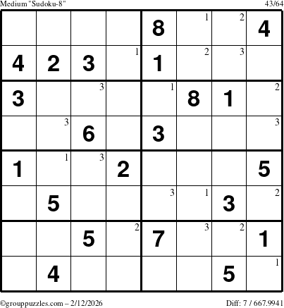 The grouppuzzles.com Medium Sudoku-8 puzzle for Thursday February 12, 2026 with the first 3 steps marked