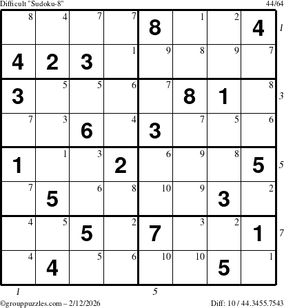 The grouppuzzles.com Difficult Sudoku-8 puzzle for Thursday February 12, 2026 with all 10 steps marked