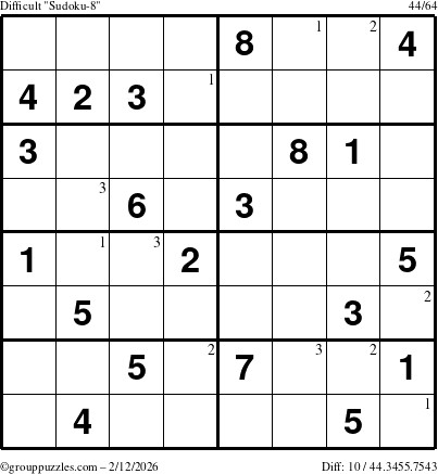 The grouppuzzles.com Difficult Sudoku-8 puzzle for Thursday February 12, 2026 with the first 3 steps marked