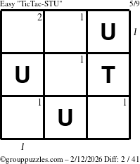 The grouppuzzles.com Easy TicTac-STU puzzle for Thursday February 12, 2026 with all 2 steps marked