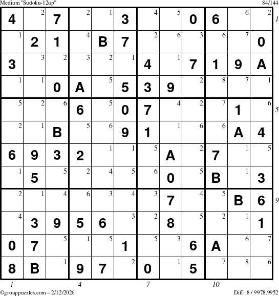The grouppuzzles.com Medium Sudoku-12up puzzle for Thursday February 12, 2026 with all 8 steps marked