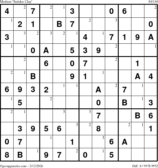 The grouppuzzles.com Medium Sudoku-12up puzzle for Thursday February 12, 2026 with the first 3 steps marked