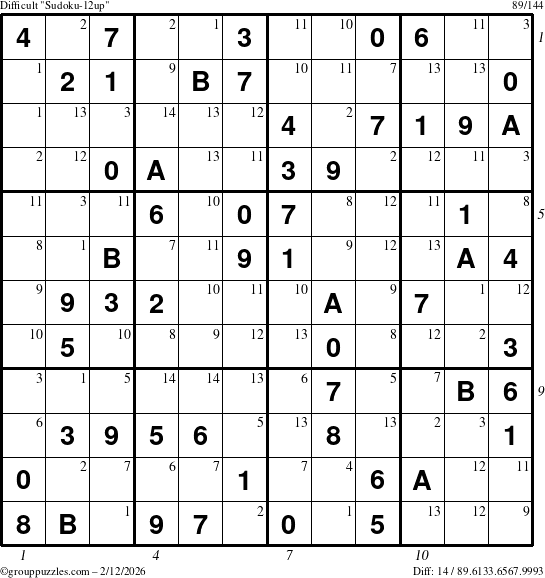 The grouppuzzles.com Difficult Sudoku-12up puzzle for Thursday February 12, 2026 with all 14 steps marked