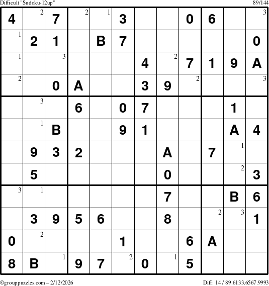 The grouppuzzles.com Difficult Sudoku-12up puzzle for Thursday February 12, 2026 with the first 3 steps marked