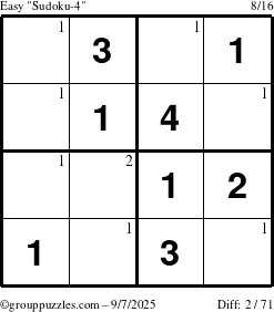 The grouppuzzles.com Easy Sudoku-4 puzzle for Sunday September 7, 2025 with the first 2 steps marked