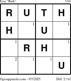 The grouppuzzles.com Easy Ruth puzzle for Sunday September 7, 2025 with the first 2 steps marked